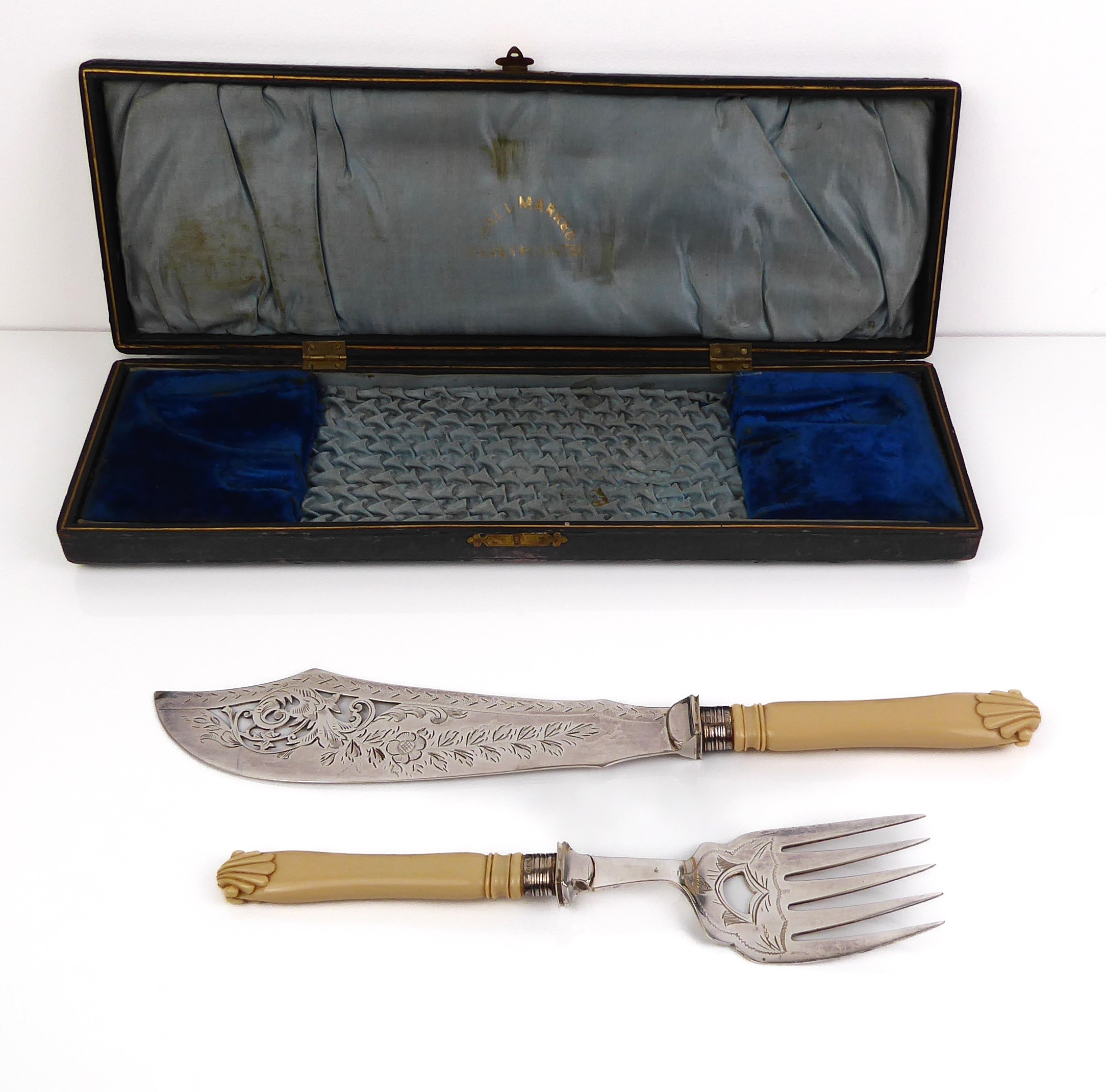 A cased pair of late-Victorian silver-plated fish servers - with chased floral and foliate - Image 2 of 4