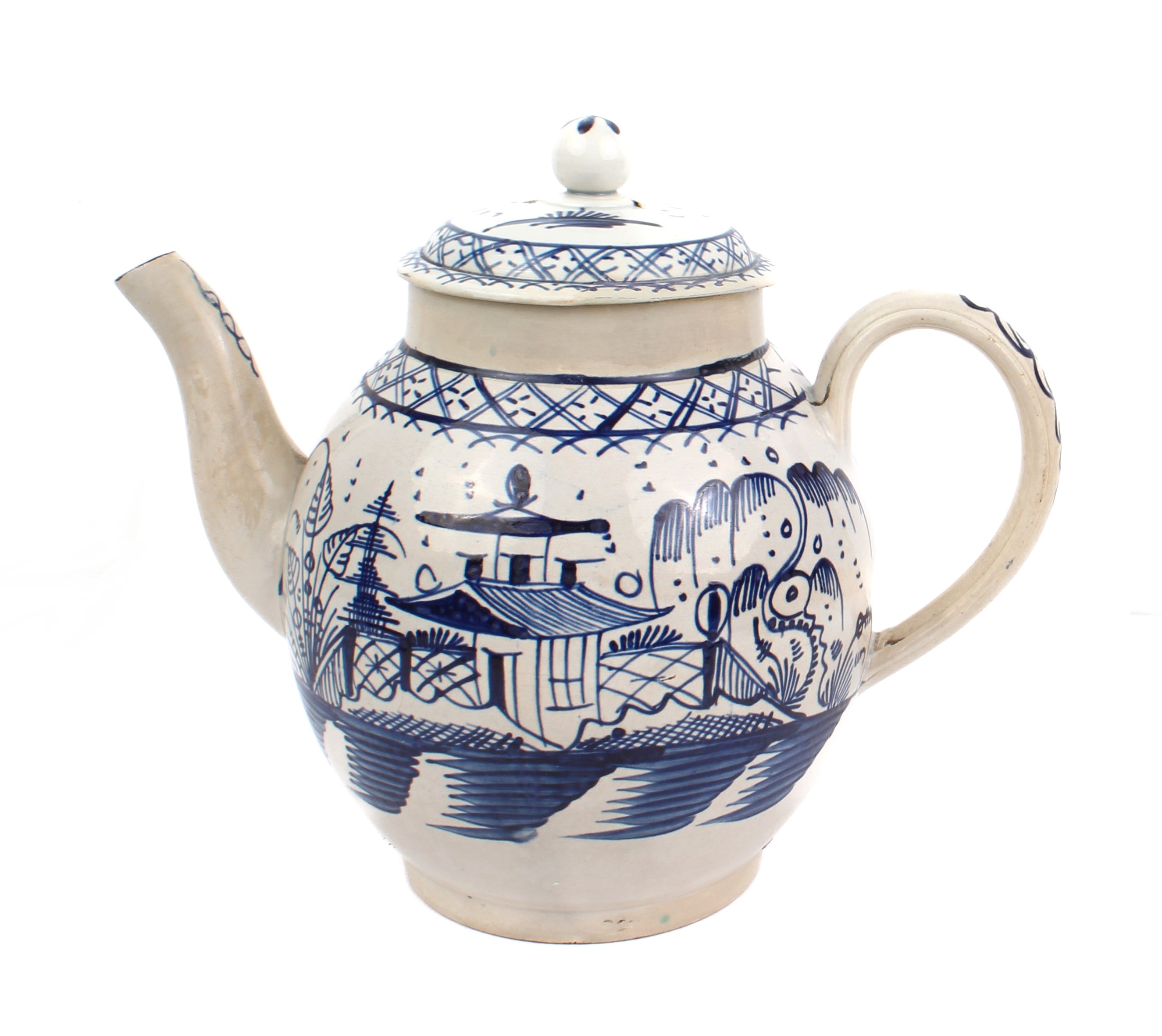 A late 18th century English pearlware hand-painted teapot with blue and white floral design (with