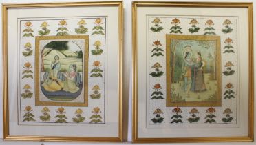 A pair of Indian gouache on silk paintings - late 20th century, depicting a prince and princess in