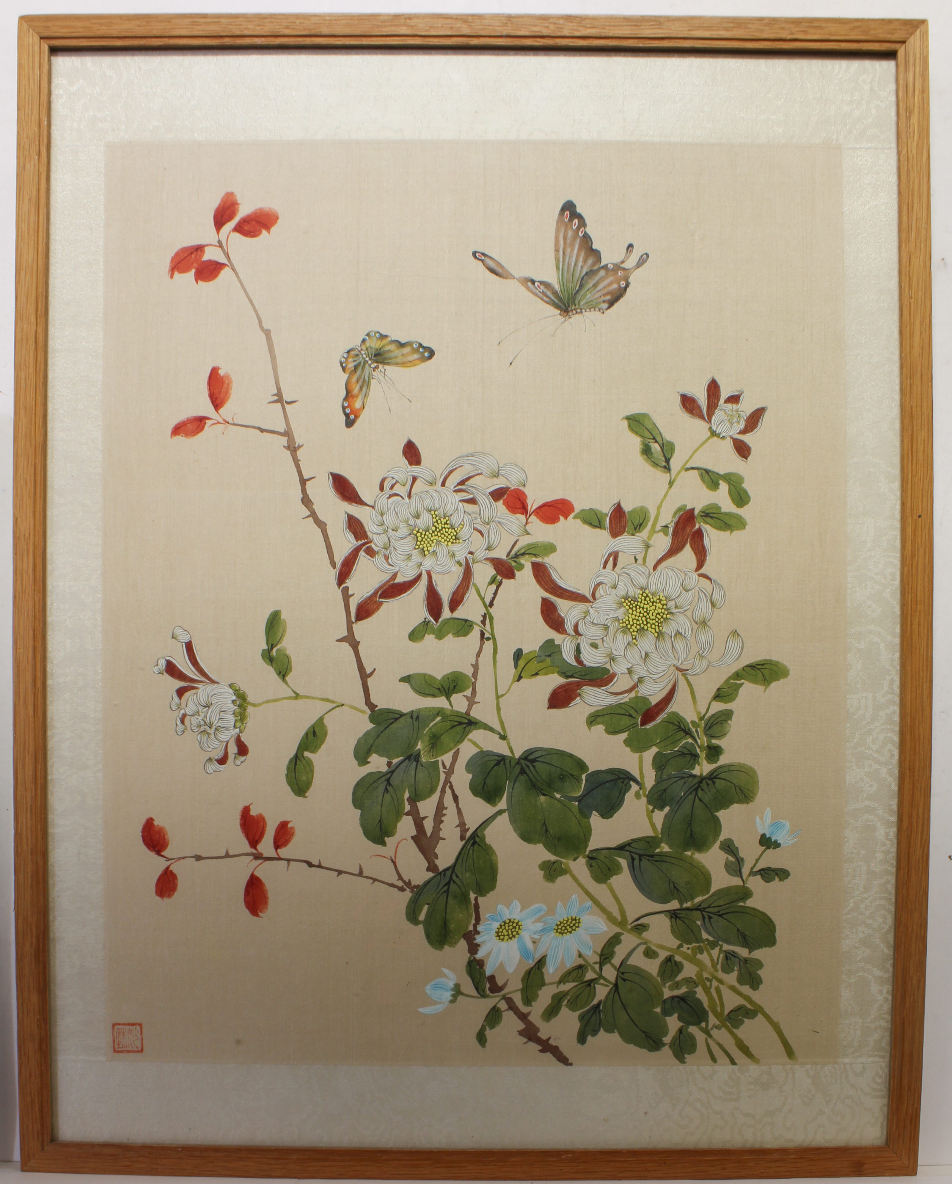 A Chinese watercolour on silk painting of two butterflies above peonies and chrysanthemums - - Image 2 of 3