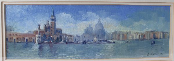 Lesley Holmes (British, contemporary) Venice from the Grand Canal oil on canvas board, signed and