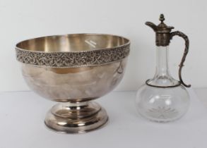 A large and heavy silver-plated punch bowl - mid-20th century, circular with cast foliate and ribbon