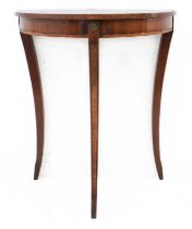 A Georgian-style crossbanded mahogany console table - the demi-lune top raised on three swept,