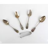 Three hallmarked Irish silver teaspoons in the Fiddle pattern, together with a pair of small