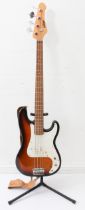 A Vintage four-string electric bass guitar with sunburst finish, rosewood fretboard and maple