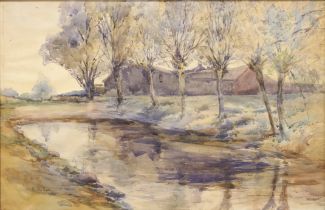 Ernest R. Fox NEA (British, exh. 1883-1919) River landscape with farm buildings and pollarded