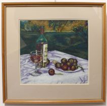 Ann Jessup 'Plums & Wine at Tournéferie' Acrylic-pastel on paper - monogrammed (l.r.) Signed