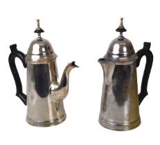 A heavy silver plated brass coffee pot and hot water jug - 25.5cm. high, one with worn plating.