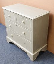 A Victorian grey-painted chest of drawers: of small proportions, later painted in pale-grey and