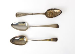 Two George III silver Old English pattern table spoons - one by Thomas Wallis II, London 1794, the