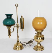 Two table lamps in the form of Victorian oil lamps - late 20th century, with coloured glass