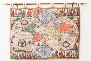A decorative wall hanging depicting Nicolaus Visscher's 1652 world map - late 20th century, the
