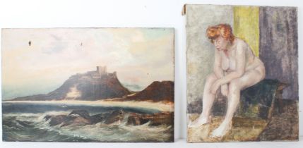 Two unframed oils on canvas: 1. Anthony Abraham 'Bamburgh Castle' Signed, titled and dated 1888