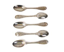 A set of five Victorian silver tea spoons - John Samuel Hunt, London 1857, the threaded terminals