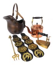 An antiqued brass coal scuttle with shovel - together with a Victorian copper kettle; a brass flat