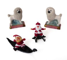 Two Italian Murano glass Father Christmas / Santa cake ornaments - one on a sleigh, 4.8cm. high, the