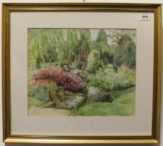 Sylvia Warren (20th century) Spring garden watercolour, signed lower left, artist's label verso 11 x