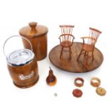 A pair of miniature yew wood Windsor chairs, plus a small group of other turned woodenware