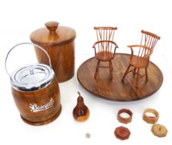 A pair of miniature yew wood Windsor chairs, plus a small group of other turned woodenware