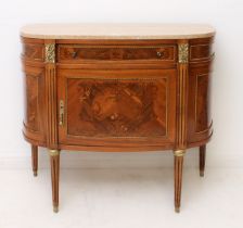 A Louis XVI style D-shaped mahogany, kingwood, marquetry and marble cabinet: late 20th century,