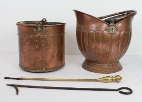 A Victorian copper coal scuttle (40 cm high (lid down)), a copper kindling bin (33.5 cm in diameter)