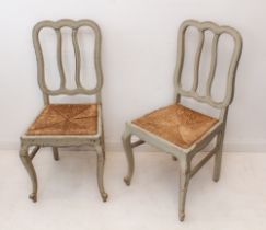 A pair of painted French rush seated bedroom or side chairs - with cloud back and cabriole legs with