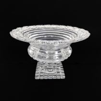 A large heavy cut-glass 19th century tazza in the Irish style with a square hobnail-cut base, ribbed