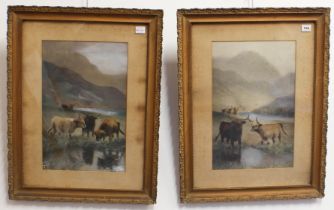 Scottish School (late-19th century) Highland cattle in landscapes a pair, watercolour and