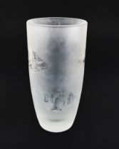 A heavy frosted glass vase with etched decoration of various freshwater and tropical fish (10 cm