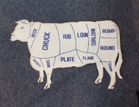 An enamel 'Cuts of Beef' butcher’s plaque: late 20th century, 81.5cm long, 49.5cm high.