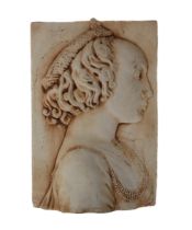 A classical style portrait plaque - modern, cast plaster or cement, painted to simulate buff-