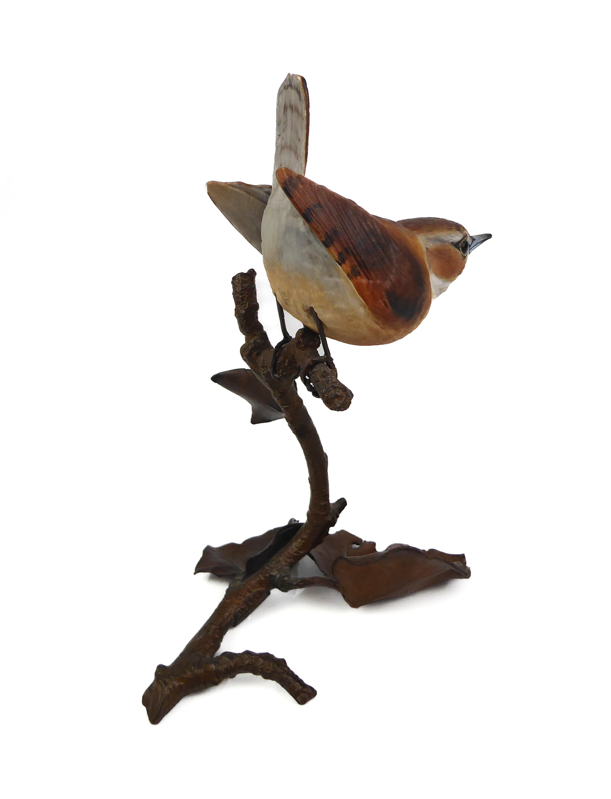 A 20th century cold painted bronze model of a wren setting upon a branch. - Image 3 of 4