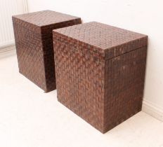 A pair of woven leather storage box tables: modern, with hinged lids, 56.5 x 41.5cm, 62cm high.