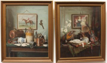 A pair of early 20th coloured lithograph allegorical still life prints - one depicting a still