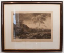 After John MacWhirter (1839-1911) Lowland flock, shepherd and sheepdogs monochrome etching, signed