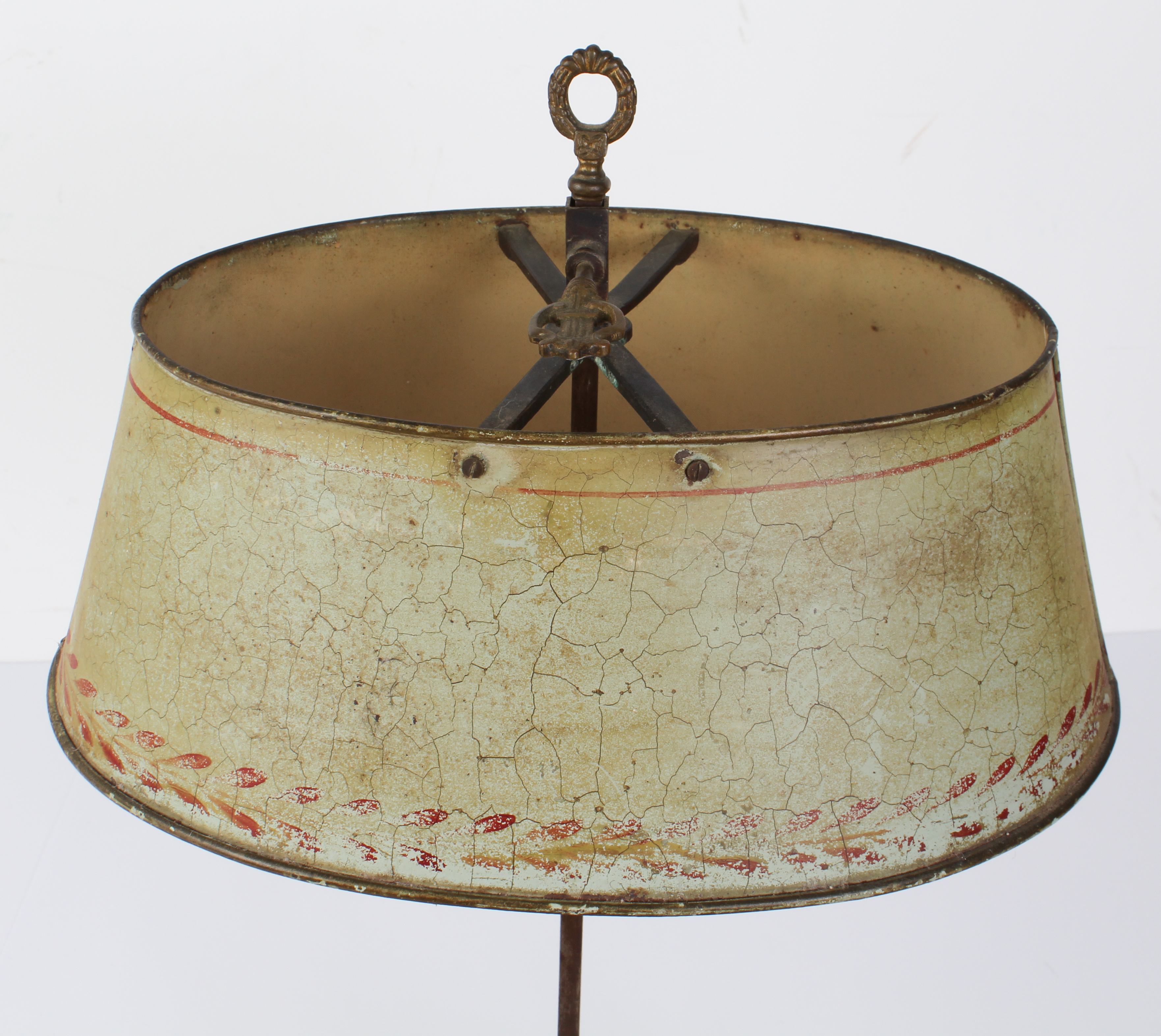A late 19th century brass bouillotte table-lamp with adjustable toleware shade, twin sconces and - Image 3 of 3