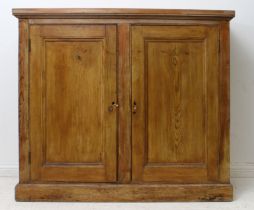 A Victorian pitch pine cupboard - the slightly overhanging top over two panelled doors enclosing a