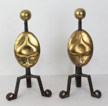 A pair of andirons - brass front panels with spade design and brass spherical finials (LWH 19 x 24 x