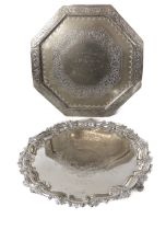 Golf interest: two silver plated presentation salvers - one Edwardian, by Walker & Hall, with