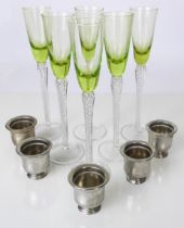 To be sold on behalf of Sue Ryder Care: a set of six vintage airtwist coloured glass cordial or