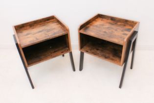 A pair of modern two-tier bedside tables: the tops with three quarter galleries over an open lower