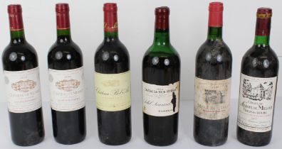 Six bottles of Bordeaux: 2 x Château de Musset 2010 Château Bel Air 1997 Château Moulin d'Issan 1995