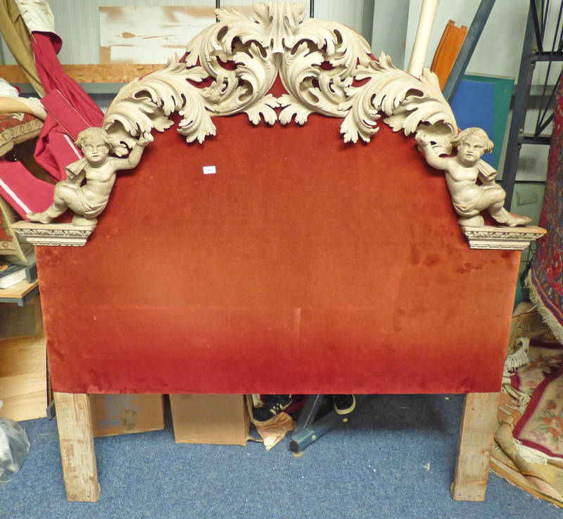 19TH CENTURY CARVED PEDIMENT OF CHERUBS & LEAVES MOUNTED ON LATER HEADBOARD Condition