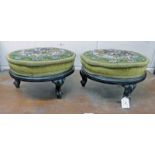 PAIR VICTORIAN EBONISED CIRCULAR FOOT STOOLS WITH GLASS BEAD TAPESTRY TOP AND CABRIOLE SUPPORTS.