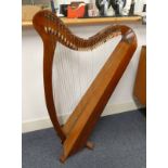 20TH CENTURY 34 STRING MAHOGANY HARP WITH LABEL MADE BY GLENDON MCCARTHY OF MESSRS WILKINSON &