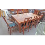 MAHOGANY EXTENDING DINING TABLE WITH 2 DRAW LEAVES ON SHAPED SUPPORTS 251CM LONG & SET OF 8 CHAIRS