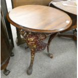 MAHOGANY CIRCULAR TABLE ON PAINTED CAST METAL STAND WITH FIGURAL DECORATION,