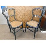PAIR 19TH CENTURY MOTHER OF PEARL INLAID LACQUER HAND CHAIRS WITH BERGERE SEATS