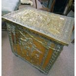 BRASS COAL BOX WITH EMBOSSED CLASSICAL SCENE DECORATION,