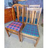 SET OF 3 MAHOGANY CHAIRS ON SQUARE SUPPORTS AND ONE OTHER SIMILAR CHAIR